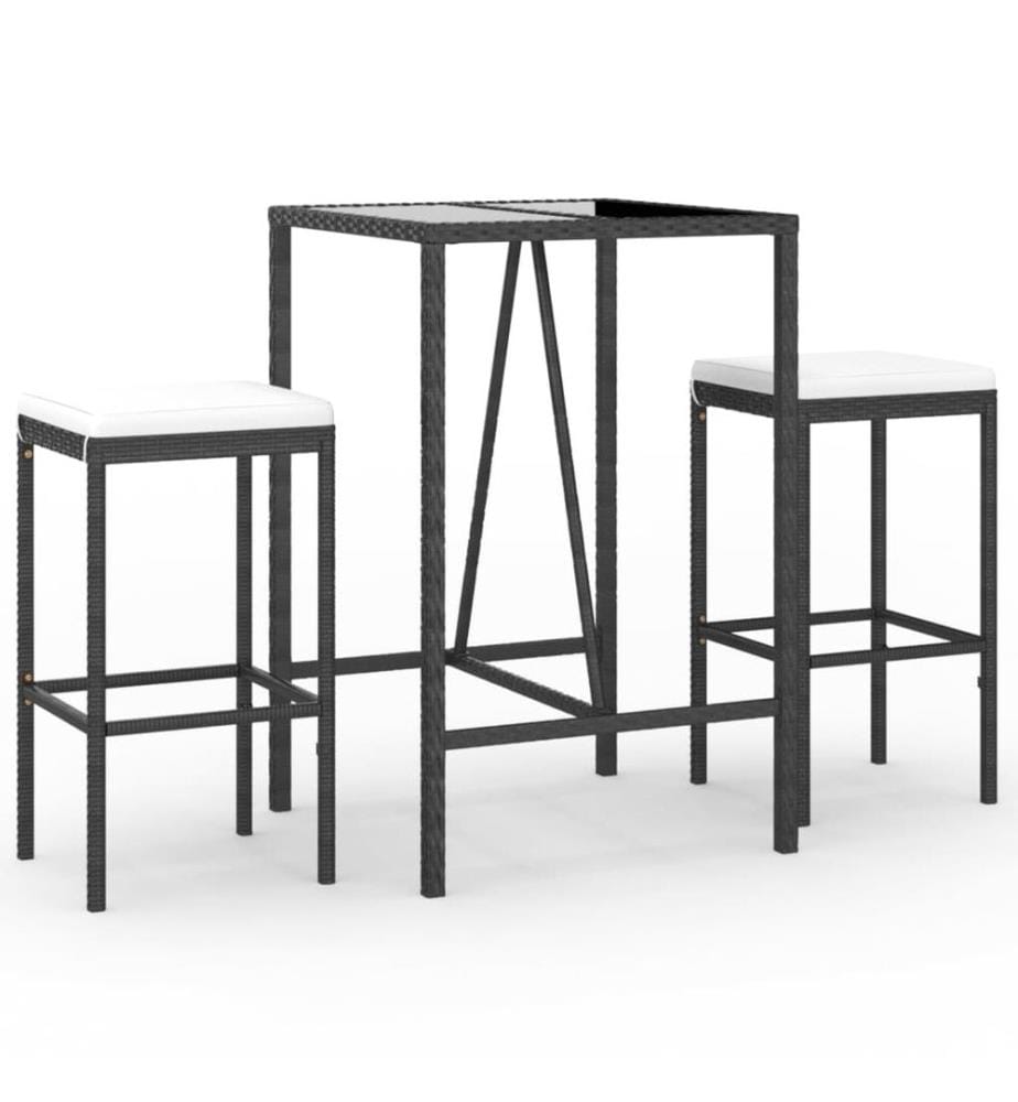 3-tlg. Gartenbar-Set mit Kissen Schwarz Poly Rattan
