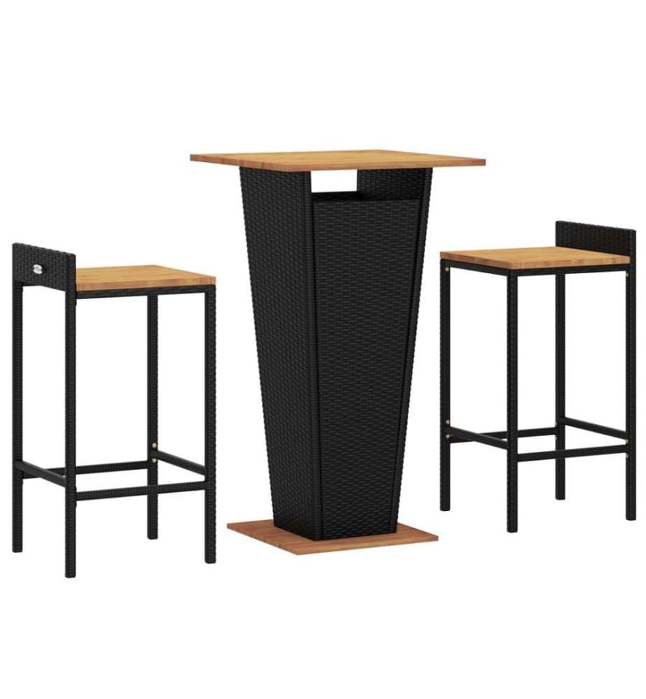 3-tlg. Gartenbar-Set Schwarz Poly Rattan & Massivholz Akazie
