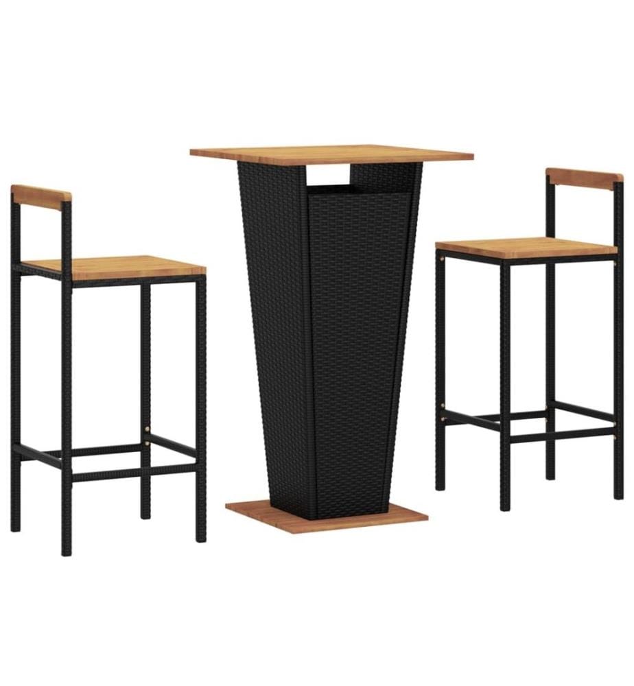 3-tlg. Gartenbar-Set Schwarz Poly Rattan & Massivholz Akazie