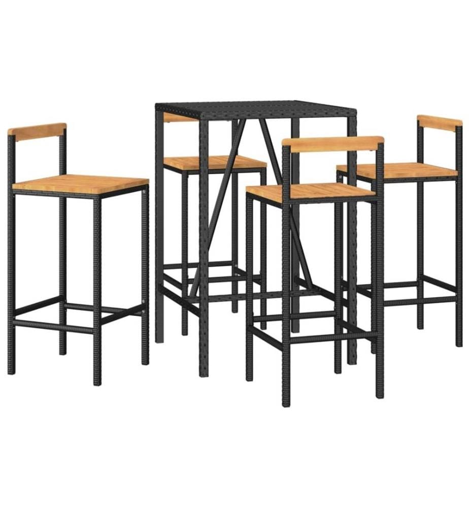5-tlg. Gartenbar-Set Schwarz Poly Rattan & Massivholz Akazie
