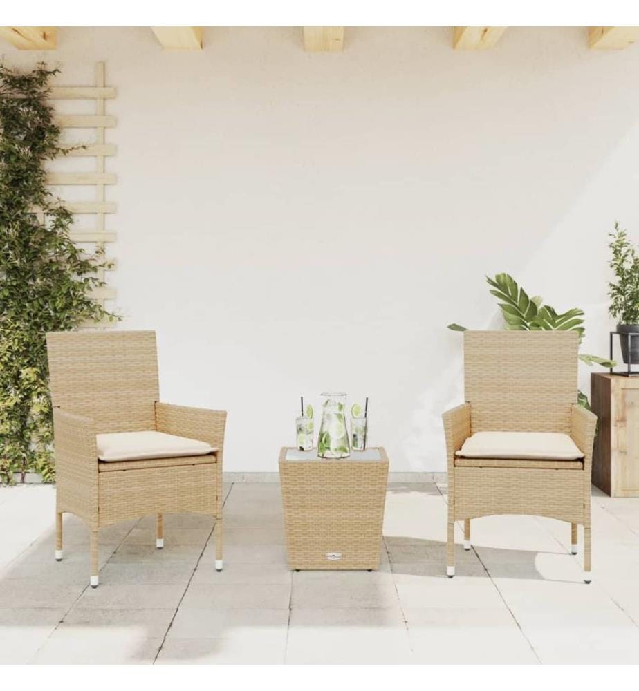 3-tlg. Bistro-Set mit Kissen Beige Poly Rattan und Glas
