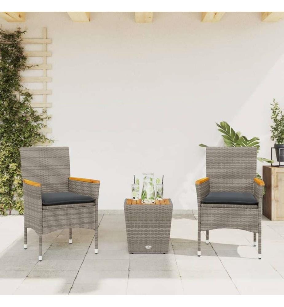 3-tlg. Bistro-Set mit Kissen Grau Poly Rattan und Glas