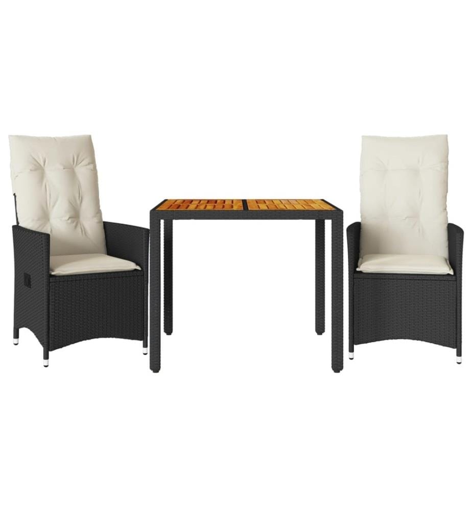 3-tlg. Bistro-Set mit Kissen Schwarz Poly Rattan und Akazie