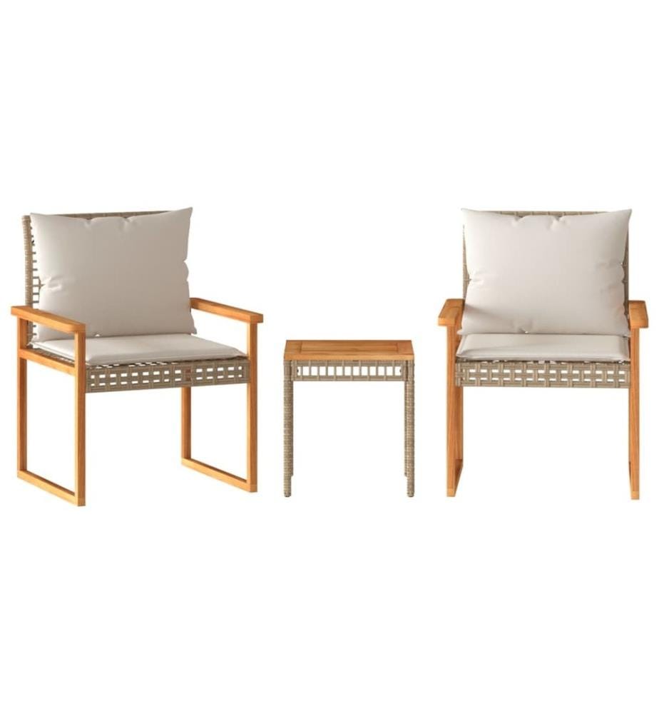 3-tlg. Bistro-Set mit Kissen Beige Poly Rattan Akazienholz