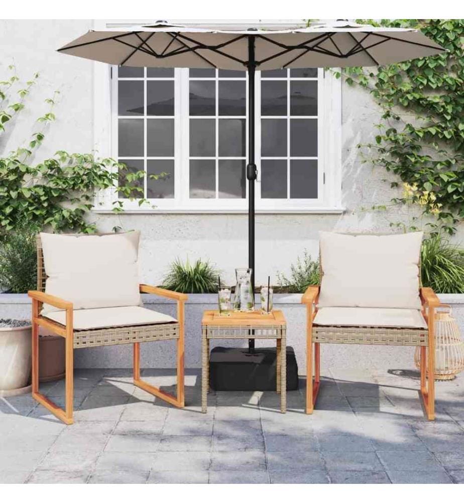 3-tlg. Bistro-Set mit Kissen Beige Poly Rattan Akazienholz