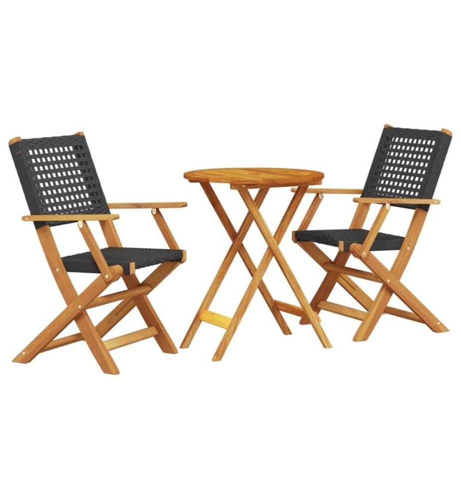 Ensemble de bistro 3 pcs noir résine tressée et bois massif