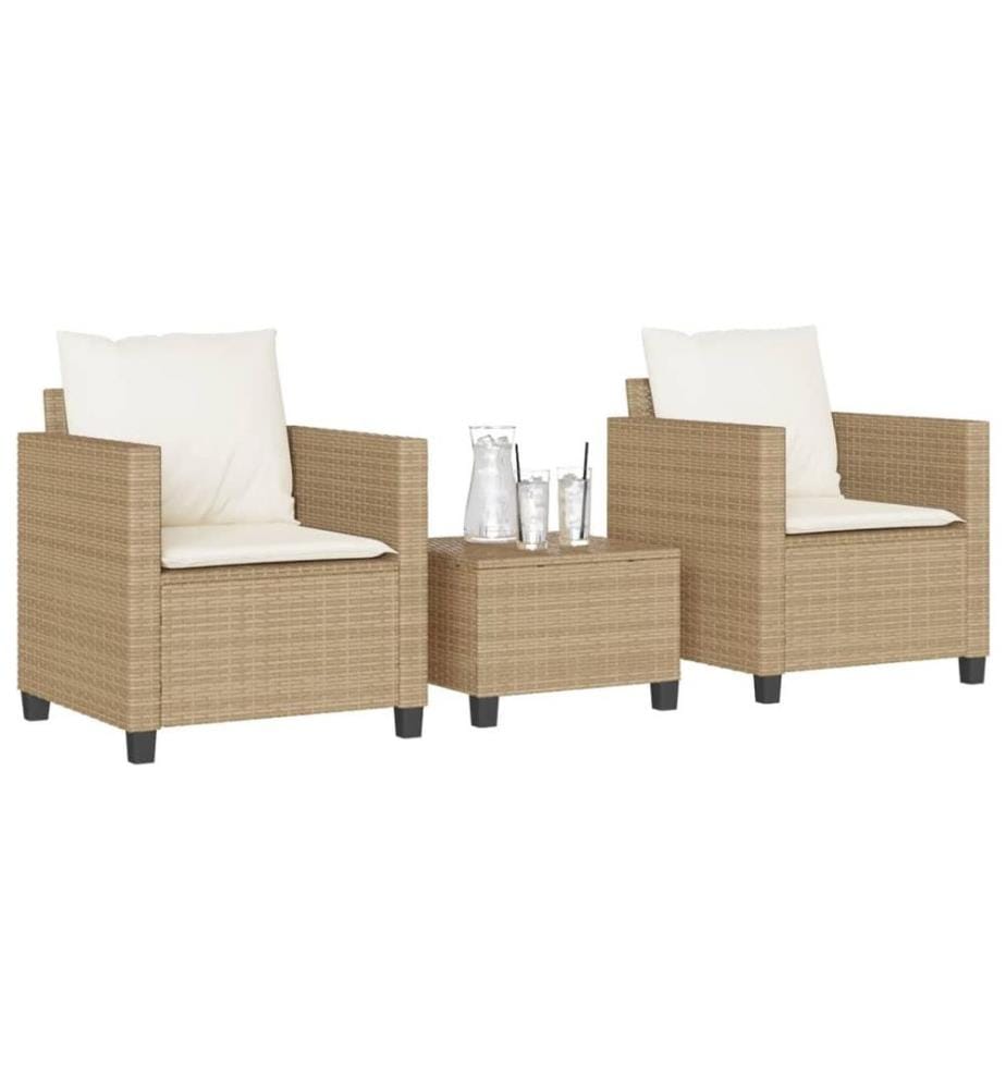 3-tlg. Bistro-Set mit Kissen Beige Poly Rattan