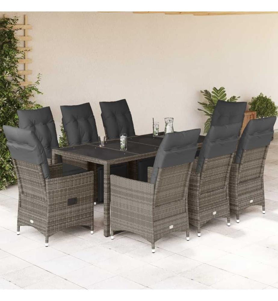 9-tlg. Garten-Bistro-Set mit Kissen Grau Poly Rattan