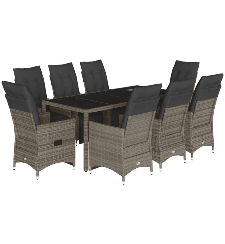 9-tlg. Garten-Bistro-Set mit Kissen Grau Poly Rattan