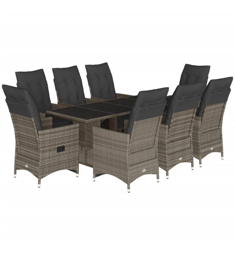 9-tlg. Garten-Bistro-Set mit Kissen Grau Poly Rattan