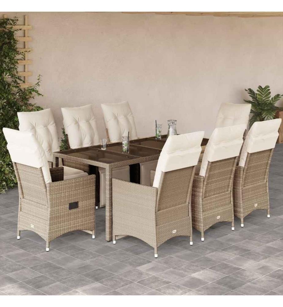 9-tlg. Garten-Bistro-Set mit Kissen Beige Poly Rattan