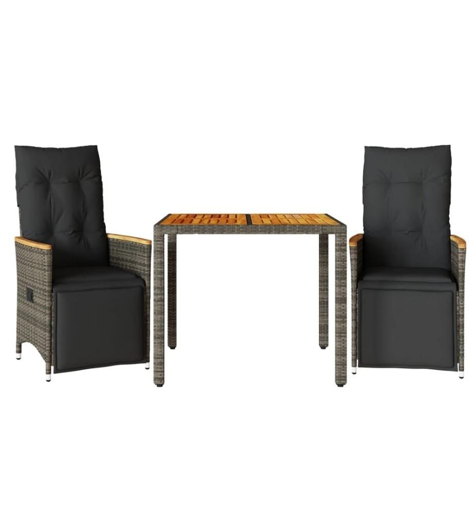 3-tlg. Garten-Bistro-Set mit Kissen Grau Poly Rattan