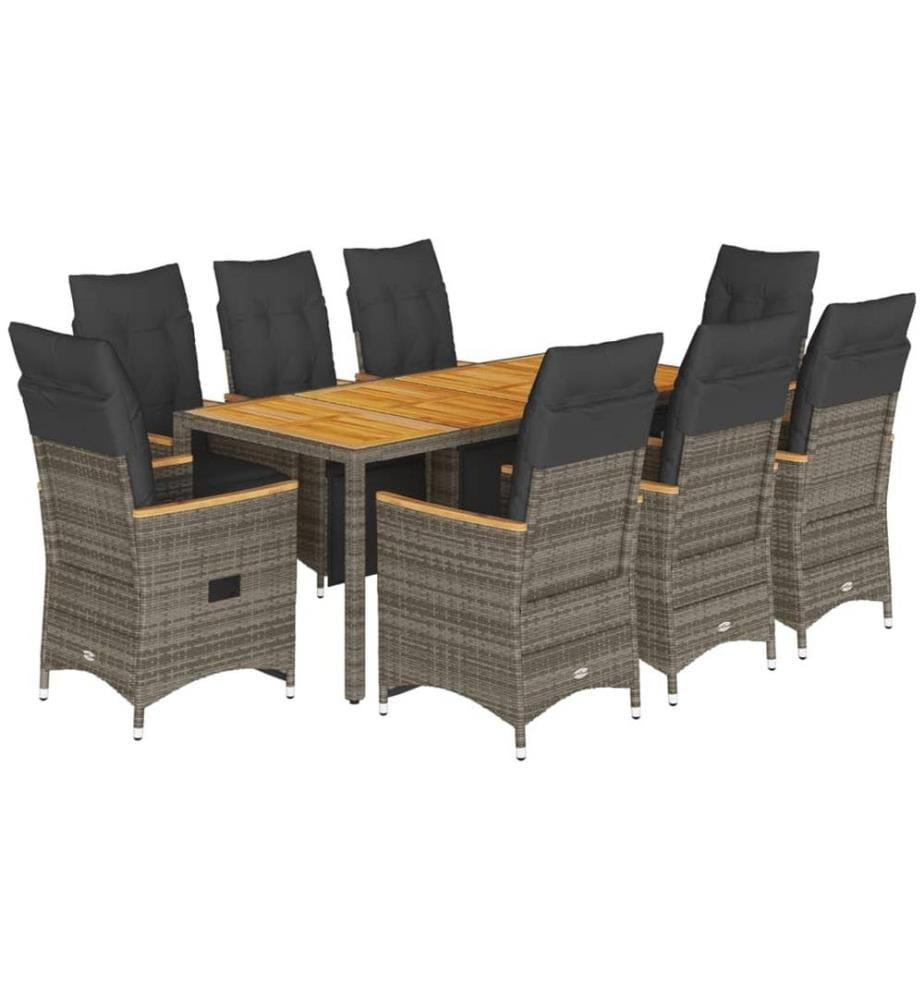 9-tlg. Garten-Bistro-Set mit Kissen Grau Poly Rattan