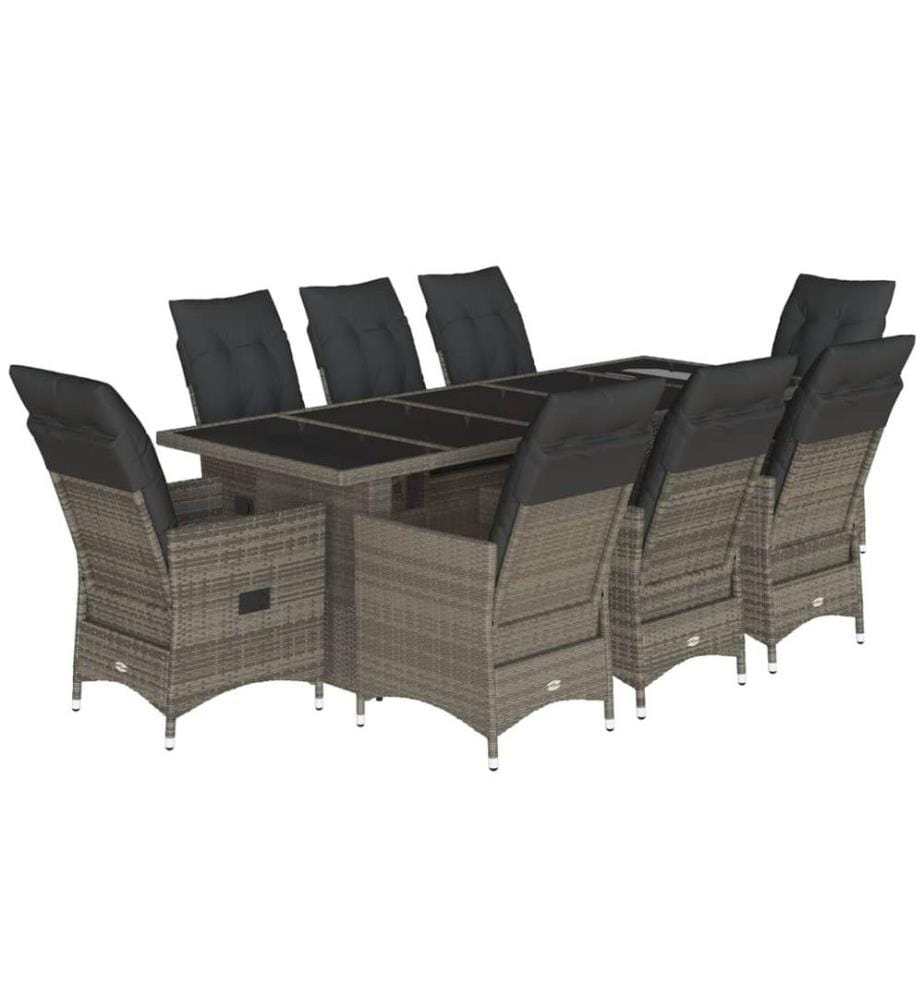 9-tlg. Garten-Bistro-Set mit Kissen Grau Poly Rattan
