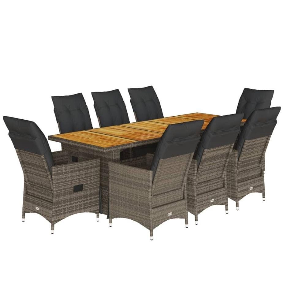 9-tlg. Garten-Bistro-Set mit Kissen Grau Poly Rattan