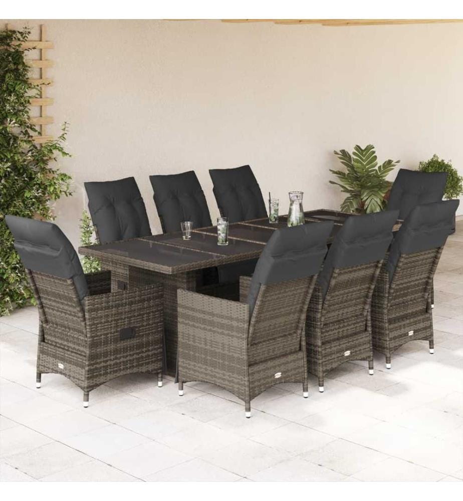 9-tlg. Garten-Bistro-Set mit Kissen Grau Poly Rattan