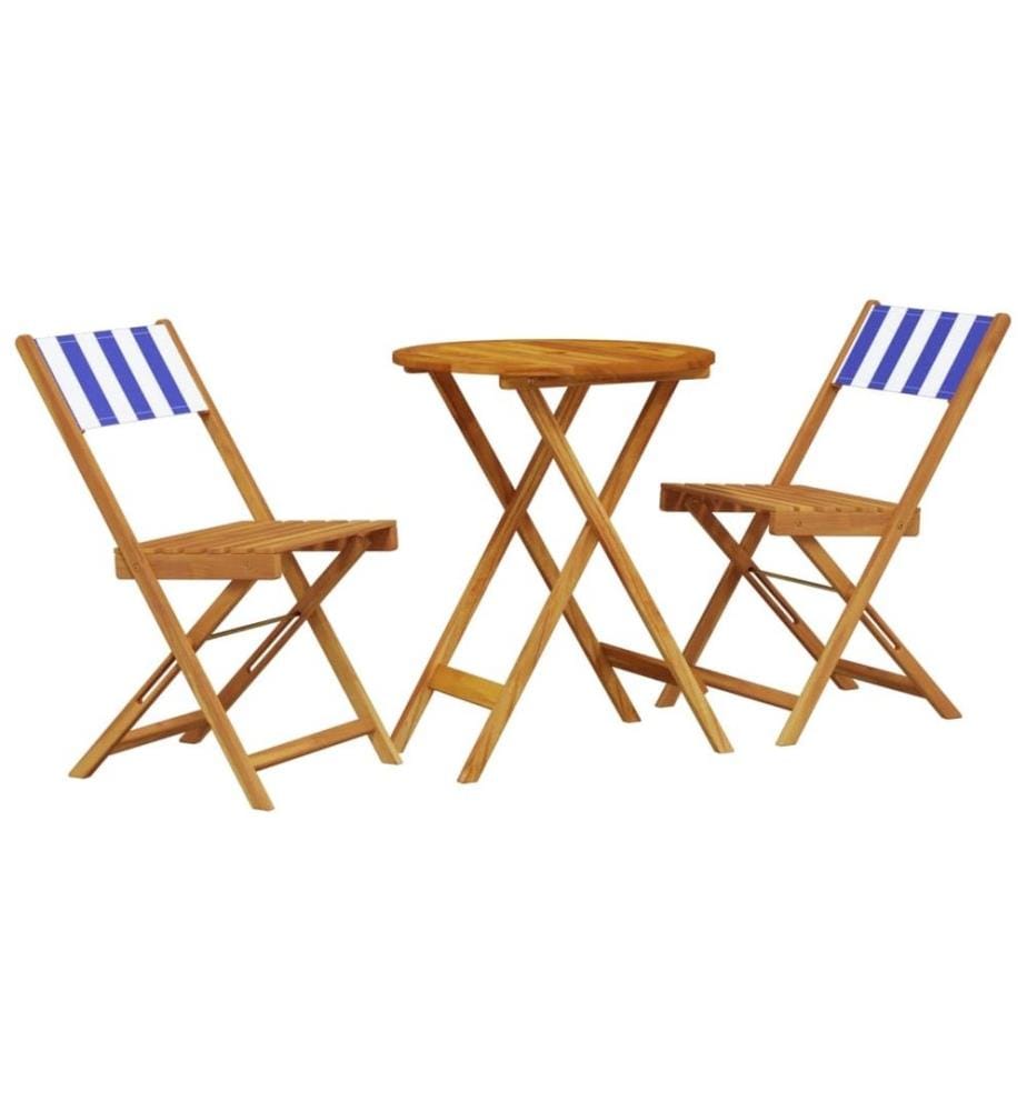 Ensemble de bistro 3 pcs bleu et blanc tissu et bois massif