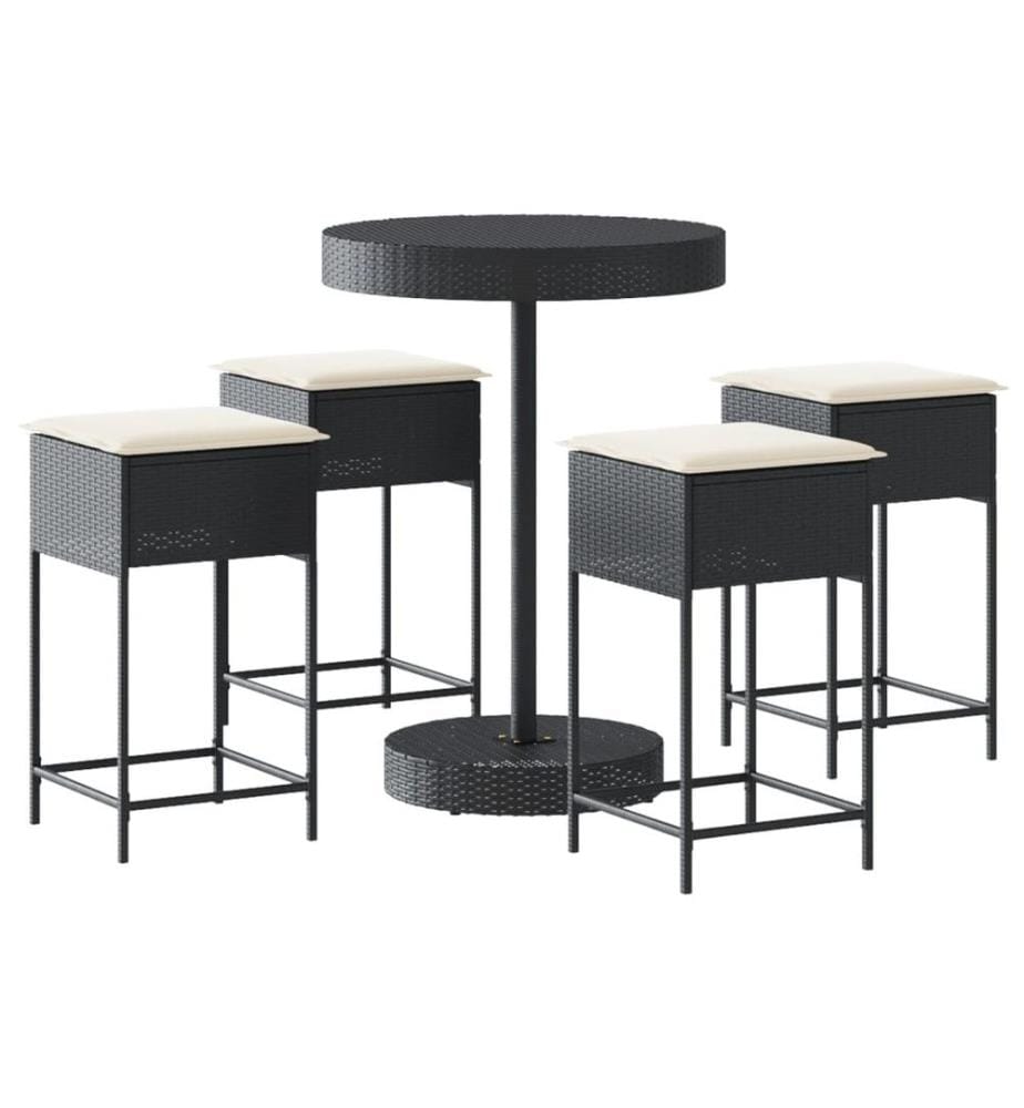 5-tlg. Gartenbar-Set mit Kissen Schwarz Poly Rattan