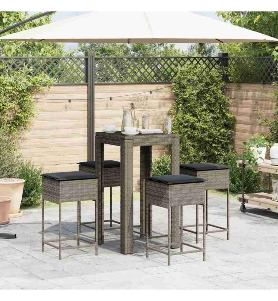 5-tlg. Gartenbar-Set mit Kissen Grau Poly Rattan