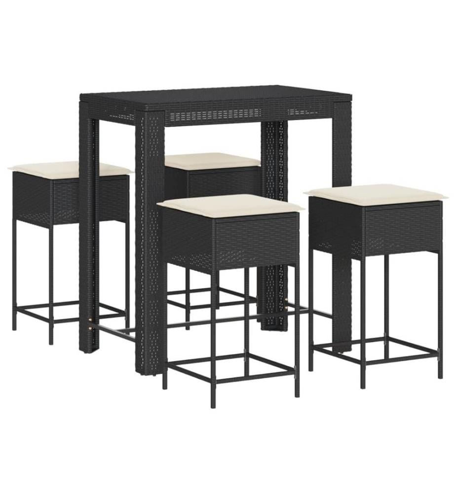 5-tlg. Gartenbar-Set mit Kissen Schwarz Poly Rattan
