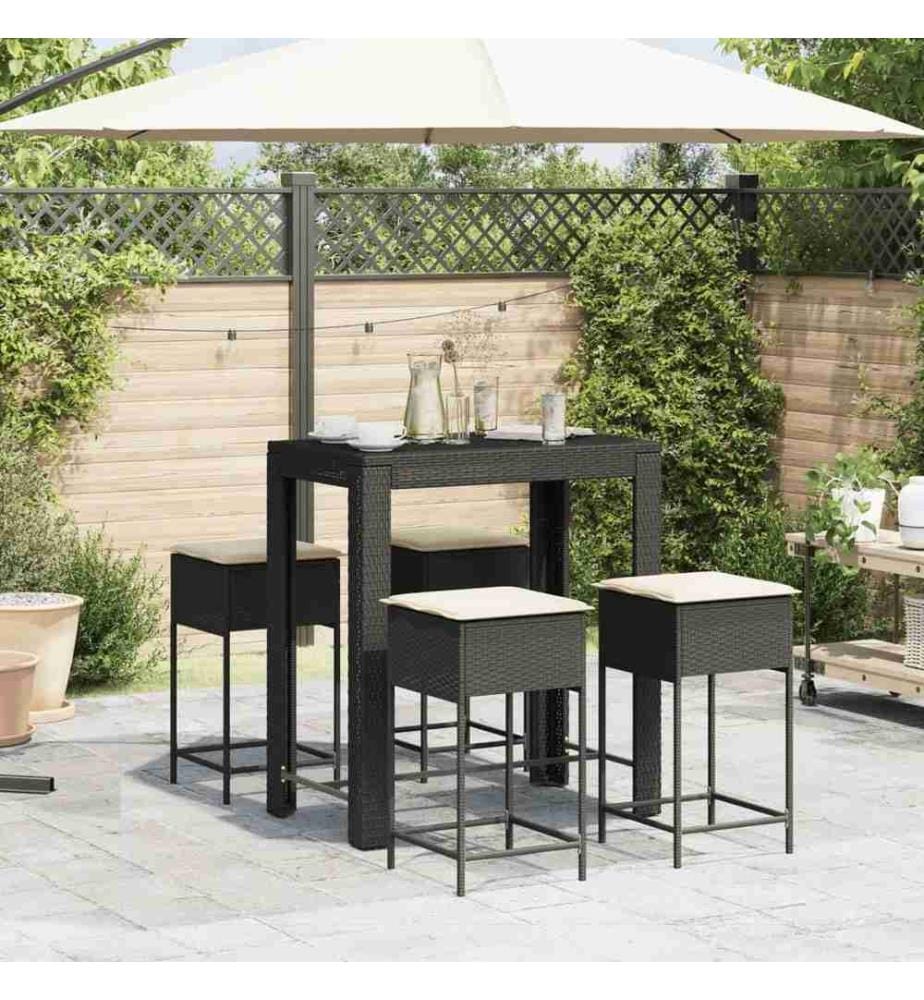 5-tlg. Gartenbar-Set mit Kissen Schwarz Poly Rattan