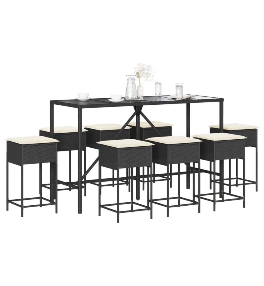 9-tlg. Gartenbar-Set mit Kissen Schwarz Poly Rattan