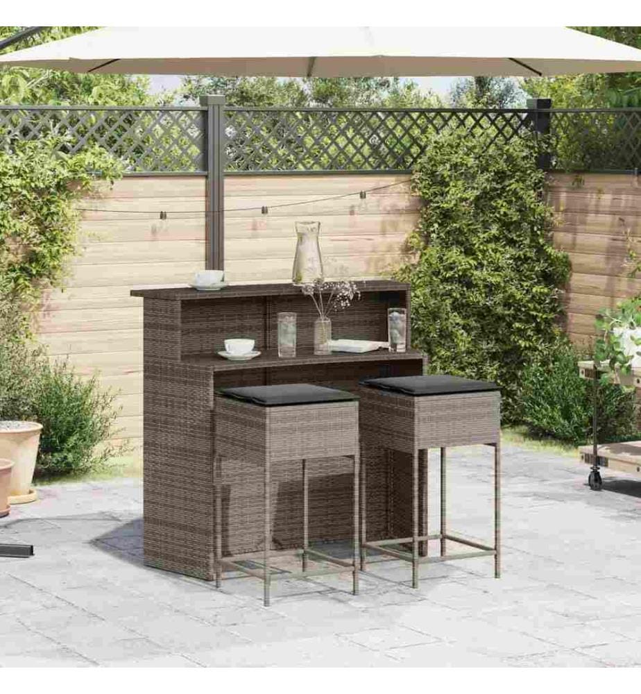 3-tlg. Gartenbar-Set mit Kissen Grau Poly Rattan