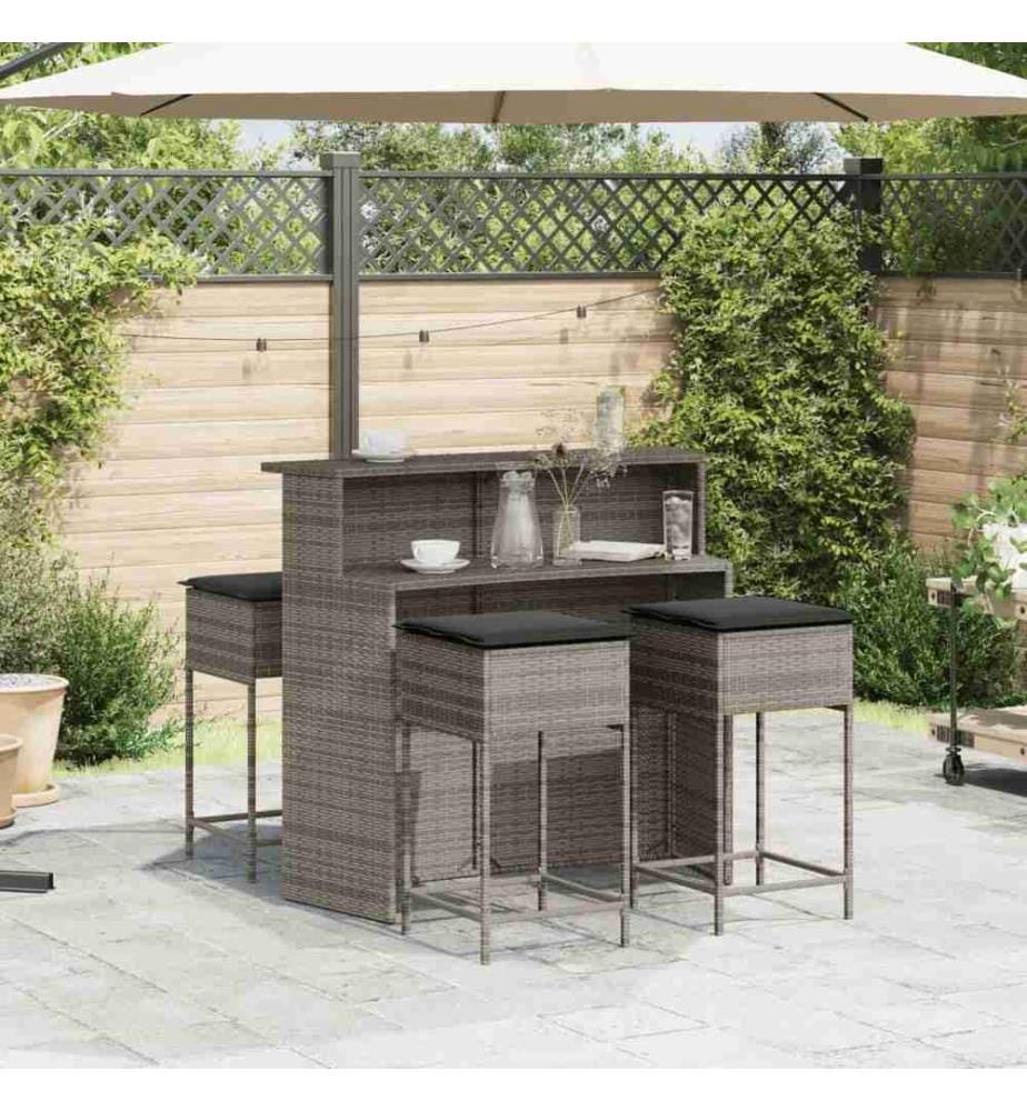 5-tlg. Gartenbar-Set mit Kissen Grau Poly Rattan
