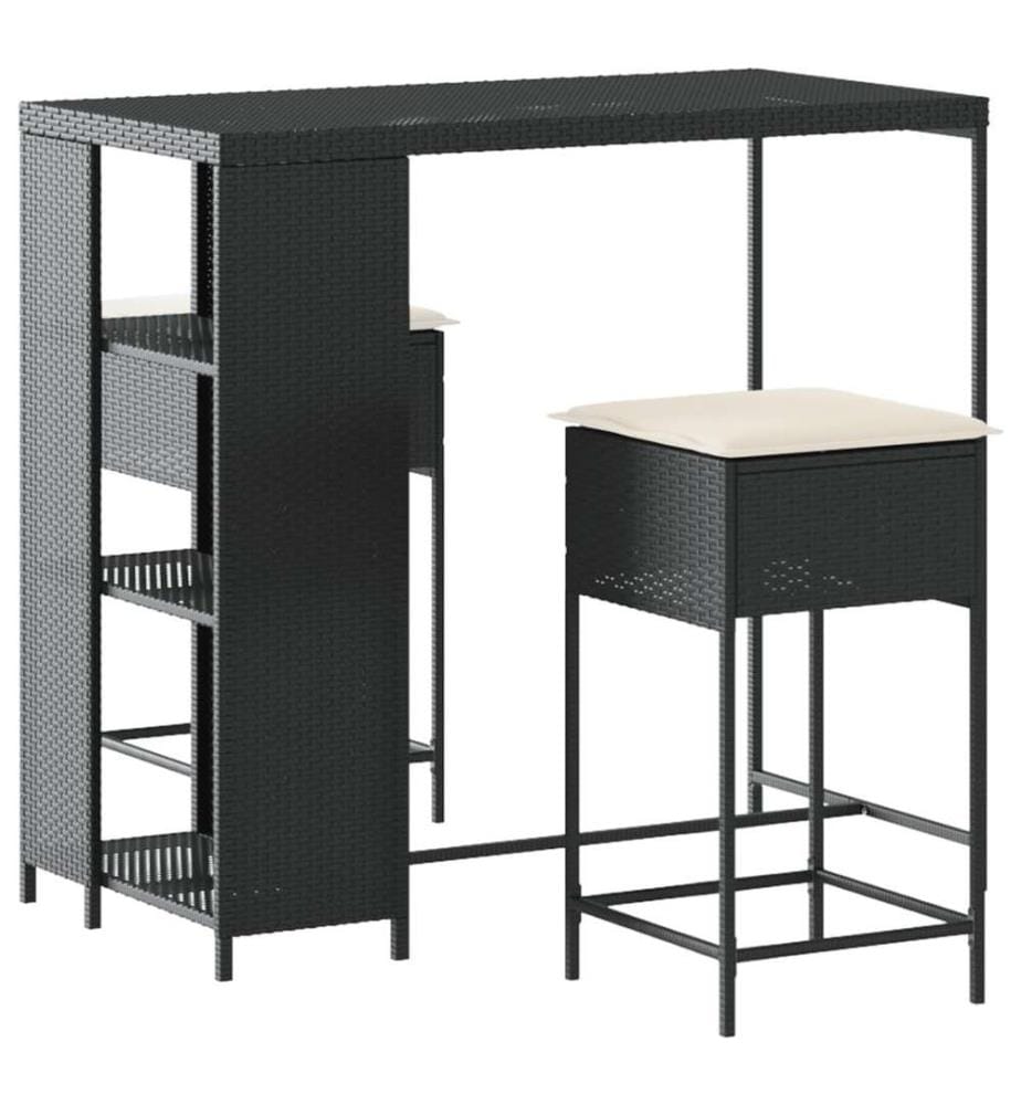 3-tlg. Gartenbar-Set mit Kissen Schwarz Poly Rattan