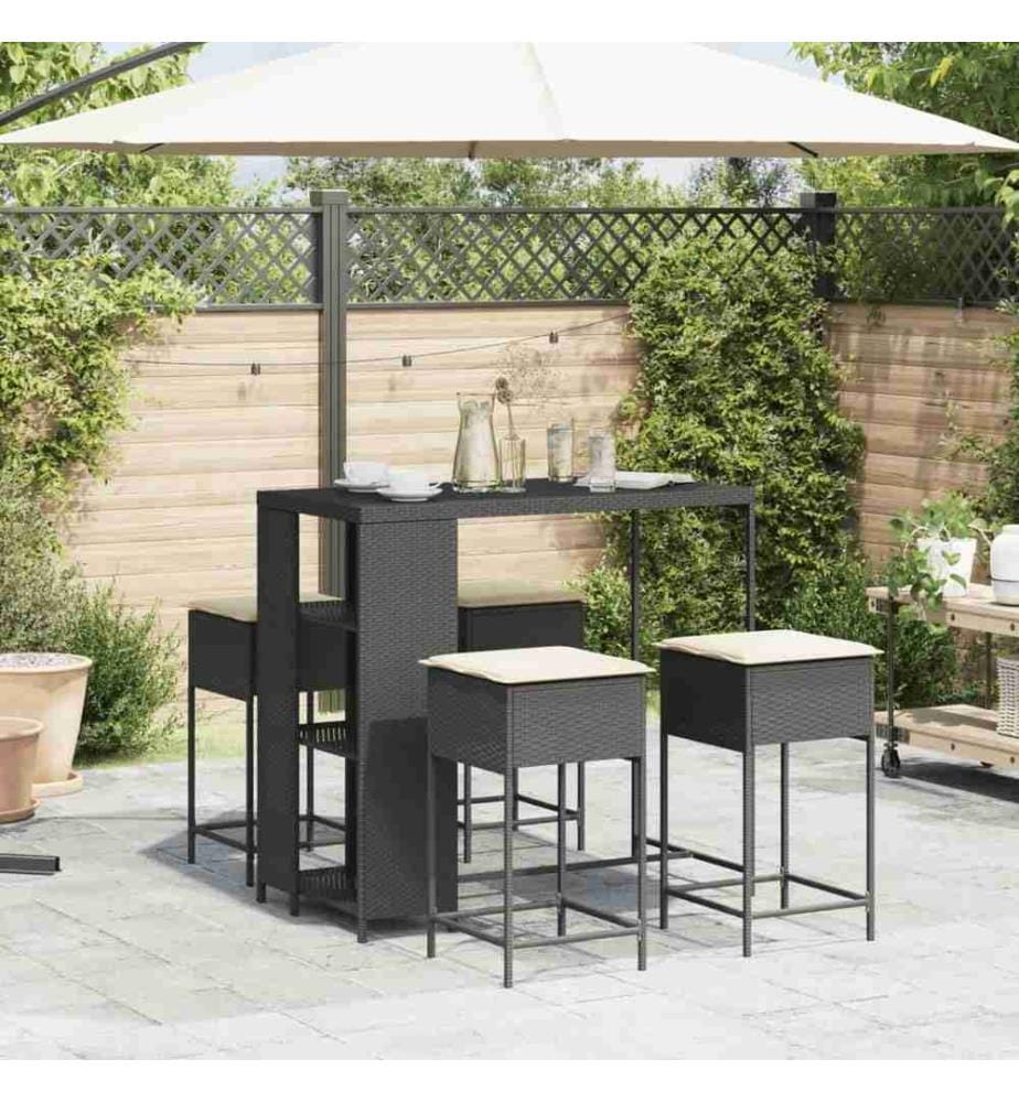 5-tlg. Gartenbar-Set mit Kissen Schwarz Poly Rattan