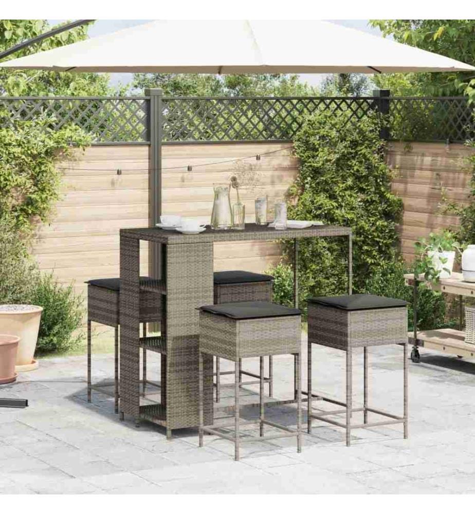 5-tlg. Gartenbar-Set mit Kissen Grau Poly Rattan