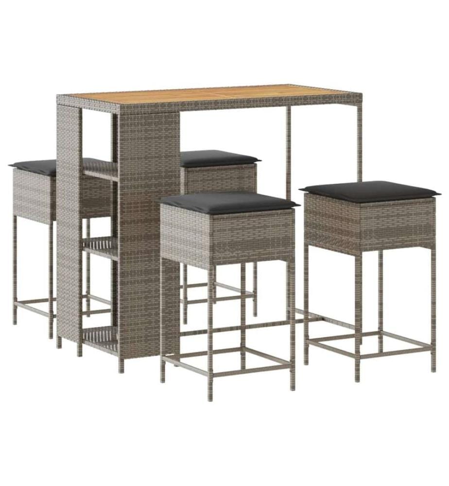 5-tlg. Gartenbar-Set mit Kissen Grau Poly Rattan