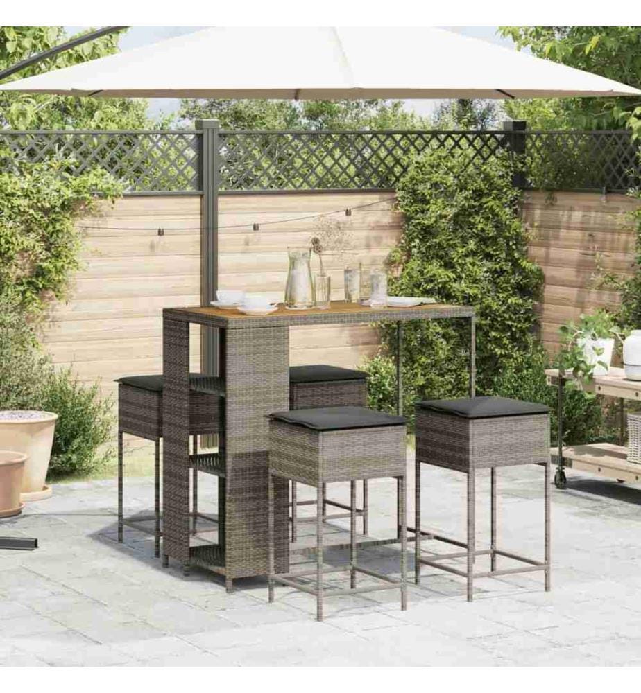 5-tlg. Gartenbar-Set mit Kissen Grau Poly Rattan