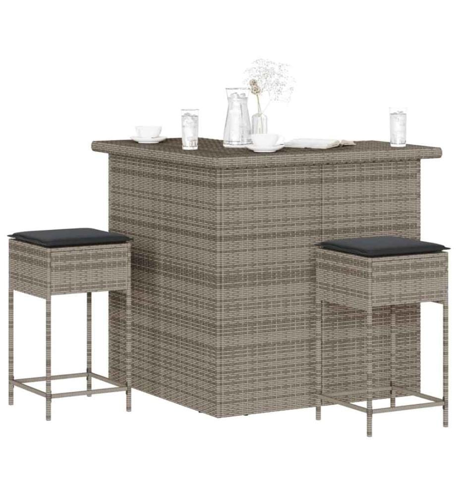 3-tlg. Gartenbar-Set mit Kissen Grau Poly Rattan