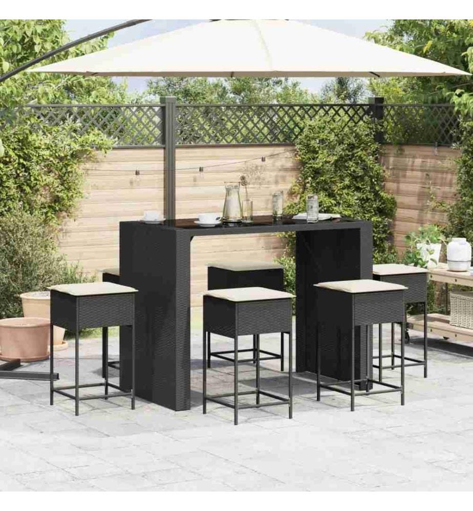 7-tlg. Gartenbar-Set mit Kissen Schwarz Poly Rattan