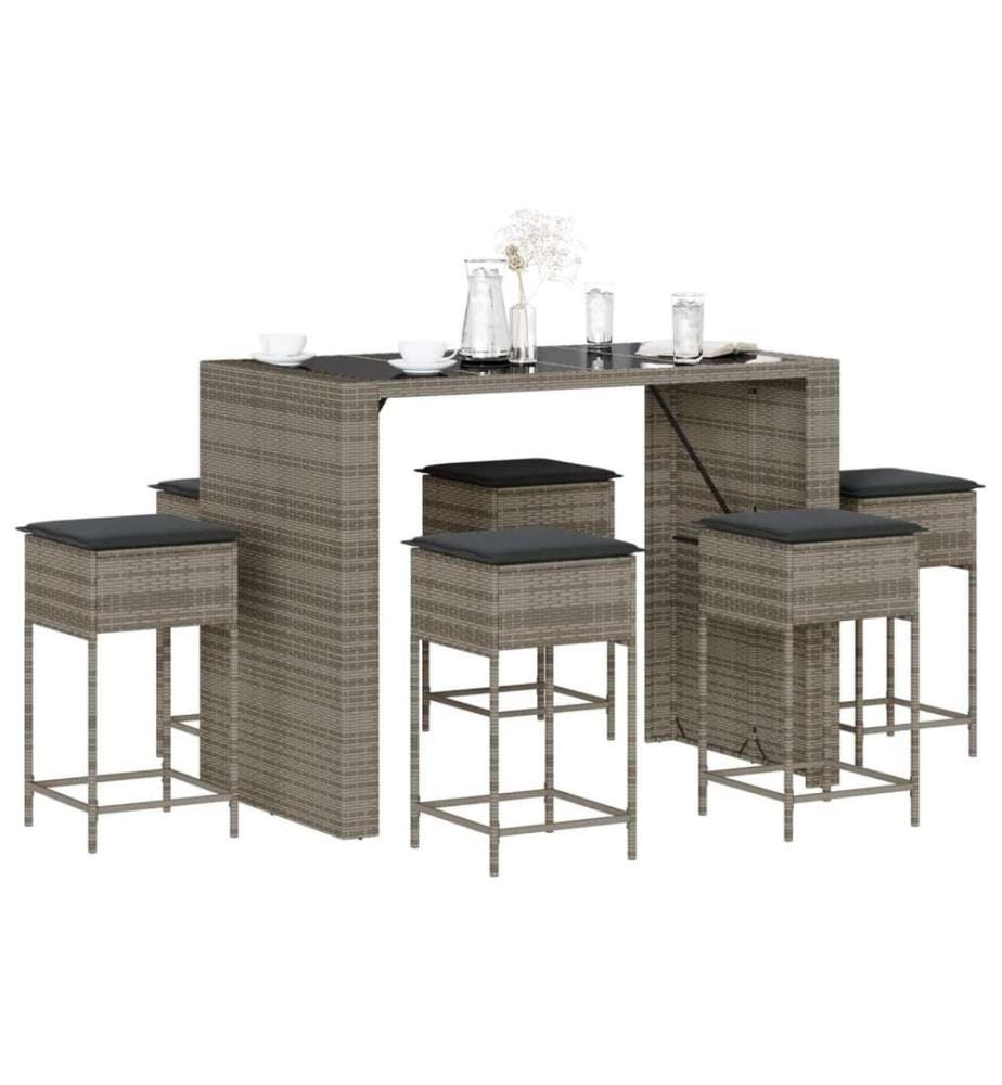 7-tlg. Gartenbar-Set mit Kissen Grau Poly Rattan