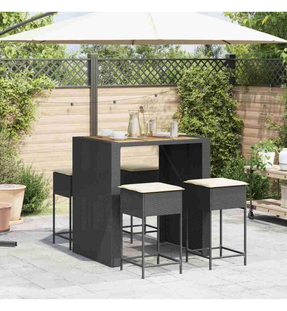 5-tlg. Gartenbar-Set mit Kissen Schwarz Poly Rattan