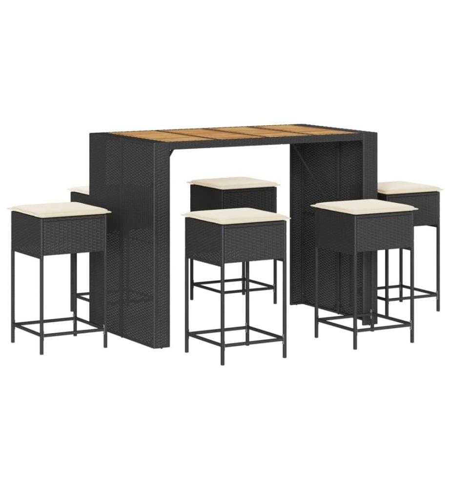 7-tlg. Gartenbar-Set mit Kissen Schwarz Poly Rattan