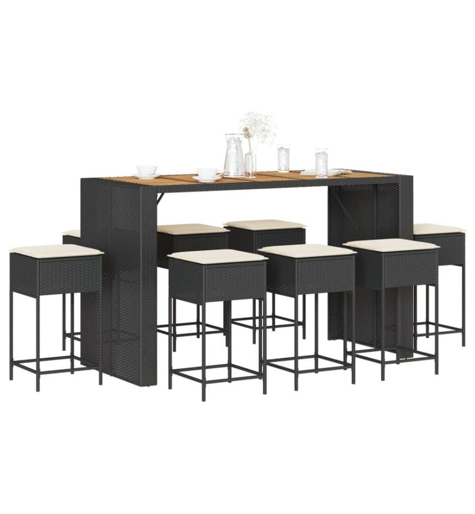 9-tlg. Gartenbar-Set mit Kissen Schwarz Poly Rattan