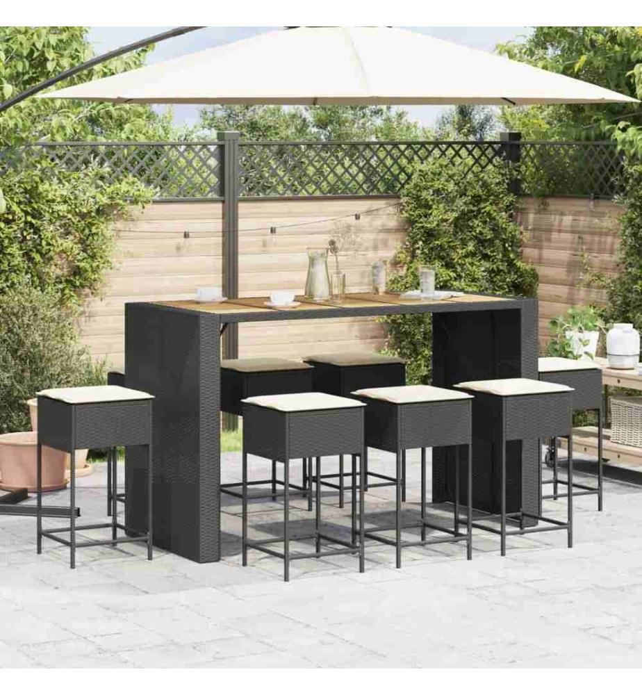 9-tlg. Gartenbar-Set mit Kissen Schwarz Poly Rattan