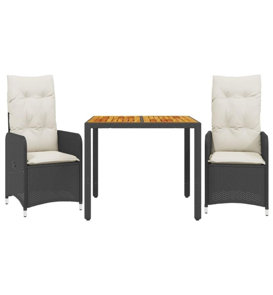 3-tlg. Garten-Bistro-Set mit Kissen Schwarz Poly Rattan