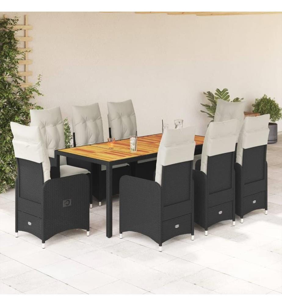 9-tlg. Garten-Bistro-Set mit Kissen Schwarz Poly Rattan