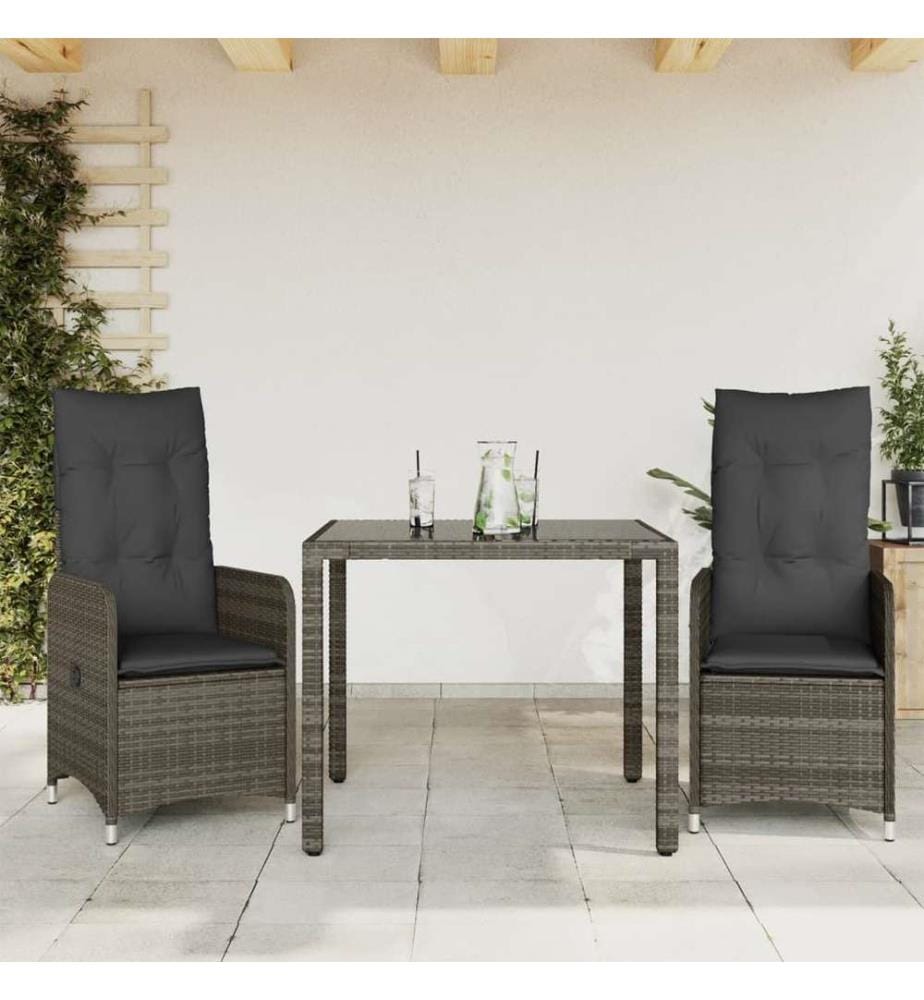 3-tlg. Garten-Bistro-Set mit Kissen Grau Poly Rattan