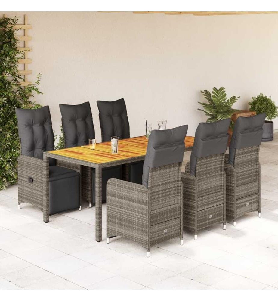 7-tlg. Garten-Bistro-Set mit Kissen Grau Poly Rattan