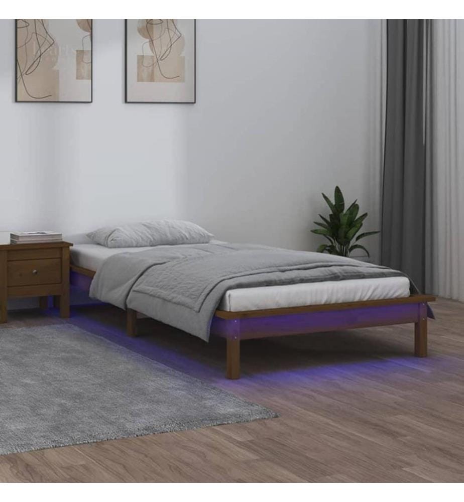 Massivholzbett mit LEDs Honigbraun 90x200 cm