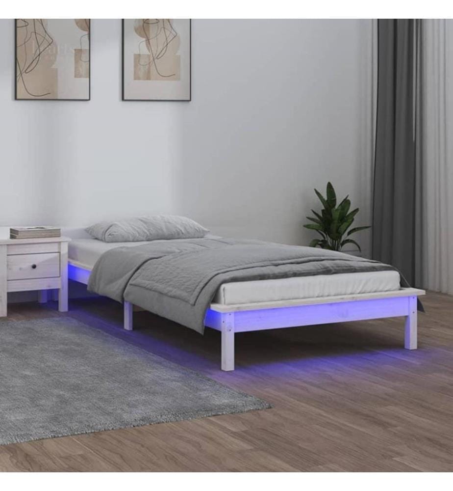 Massivholzbett mit LEDs Weiss 100x200 cm