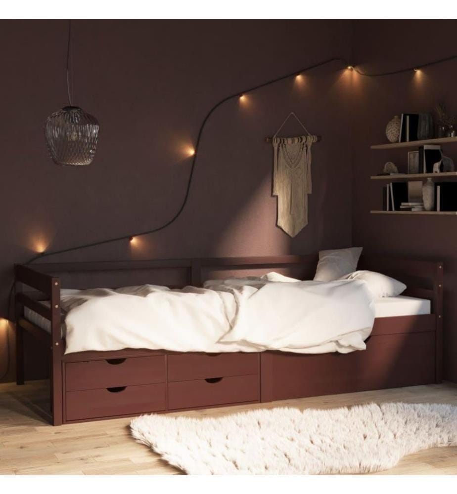 Cadre de lit avec tiroirs et armoire Marron foncé Pin 90x200 cm