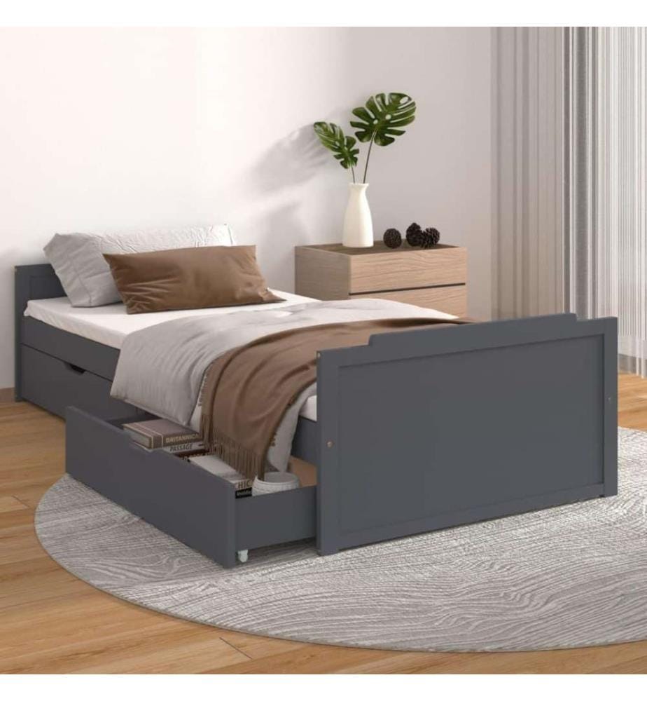 Cadre de lit avec tiroirs Gris foncé Bois pin massif 90x200 cm