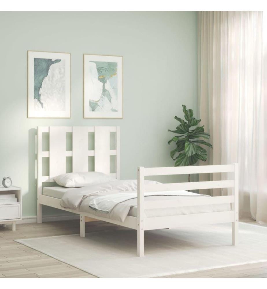 Cadre de lit avec tête de lit blanc 90x200 cm bois massif