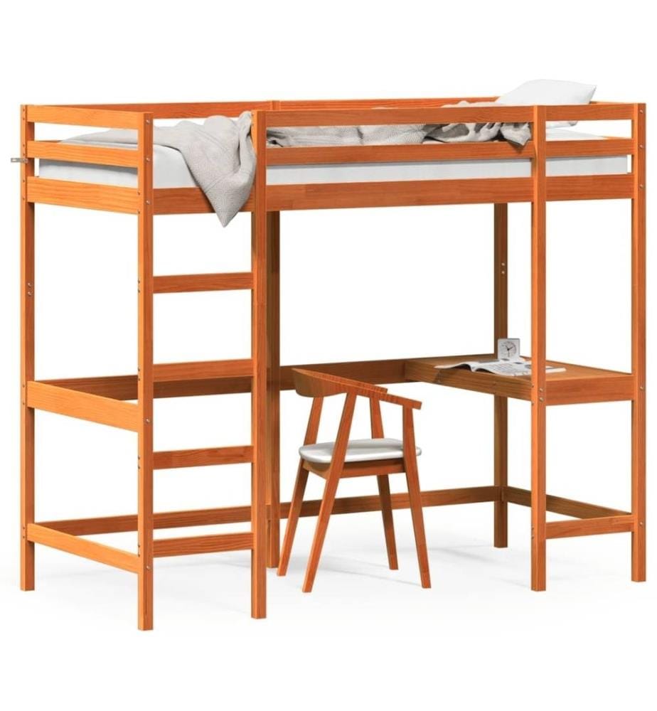 Hochbett mit Schreibtisch Wachsbraun 90x200cm Massivholz Kiefer